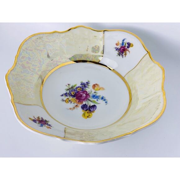 Rare Bernadotte Czech Square Serving Bowl 9" Floral/Iridescent Gold Vintage - Picture 4 of 11